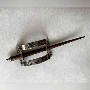 Vintage silver hair clip w/ original wood and silver stick